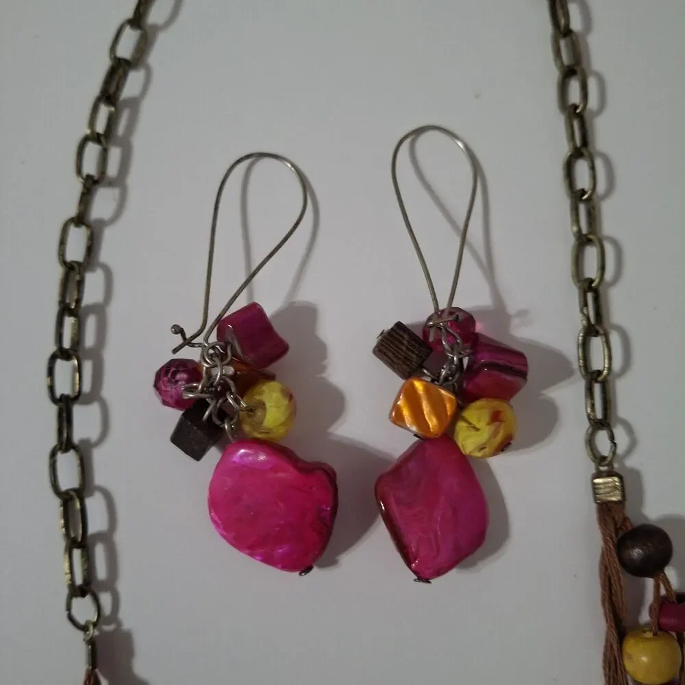Layered Pink Yellow Orange Wooden Acrylic Beaded Necklace and Earring Lot